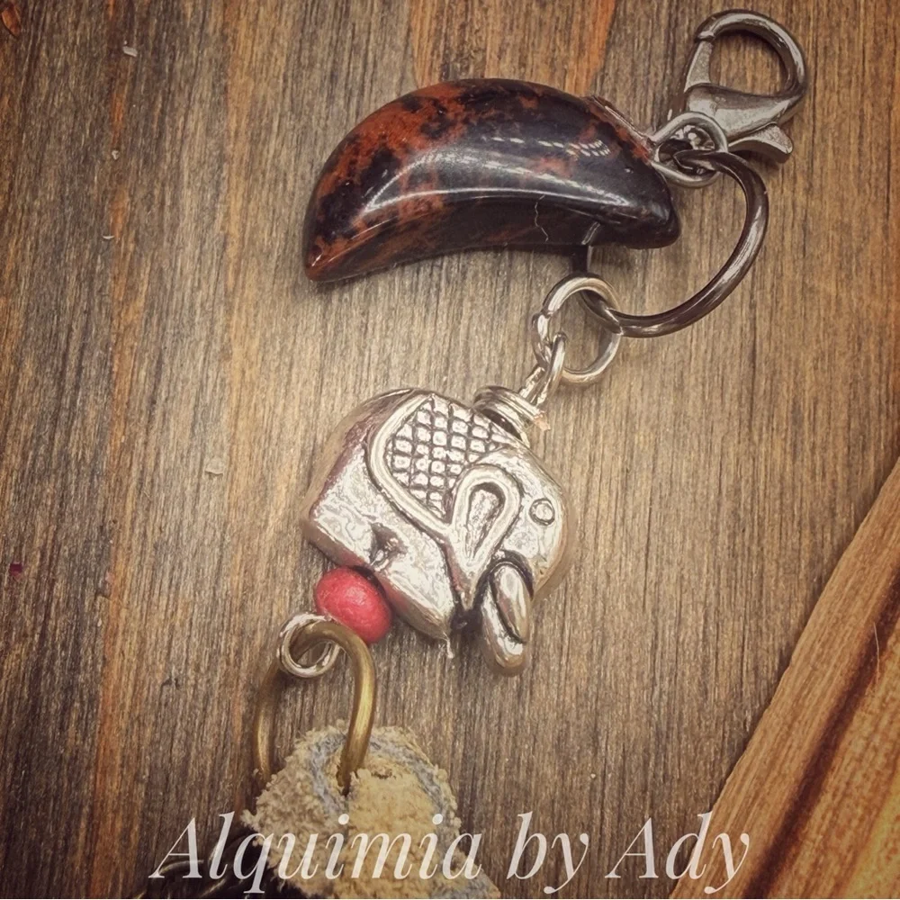 Alquimia Beige Suede Tassel Key & Card Holder with Elephant Charm